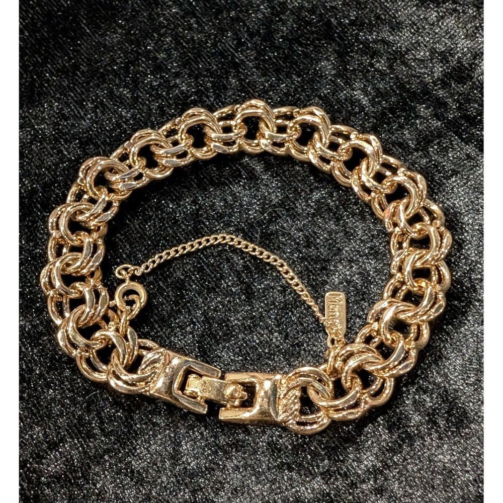 Monet Gold Tone Double Link Charm Bracelet Vintage Safety Chain 7.5 Inch